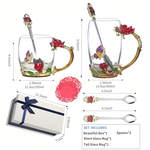 Glass Fancy Tea Cup Set Birthday Christmas Valentine's Day Gift Idea for Tea Lover and Women Novelty Coffee Mugs Rose Flower Enamel Glass Mug with Spoon (2 Count)
