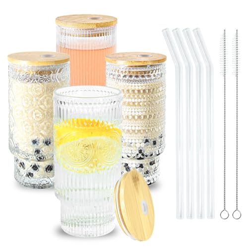 16 oz Glass Cups with Lids and Straws Vintage Drinking Glasses Set (4 Count)