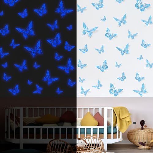 Glow in The Dark 3D Butterfly 24 Pcs Blue Butterfly Stickers (24 Count)