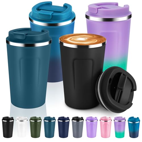 12 oz Double Wall Insulated Vacuum Travel Coffee Mug with Flip Lid Bulk 4 Pack (4 Count)