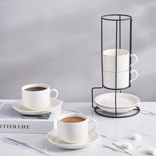 8 Ounce Porcelain Stackable Cappuccino Cups and Saucers Set of 4 (4 Count)