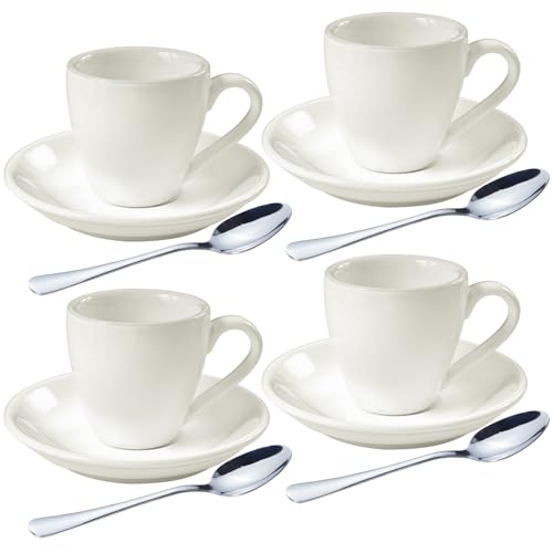 Porcelain Espresso Shot Cup Set with Saucers and Stainless Steel Spoons (4 Count)