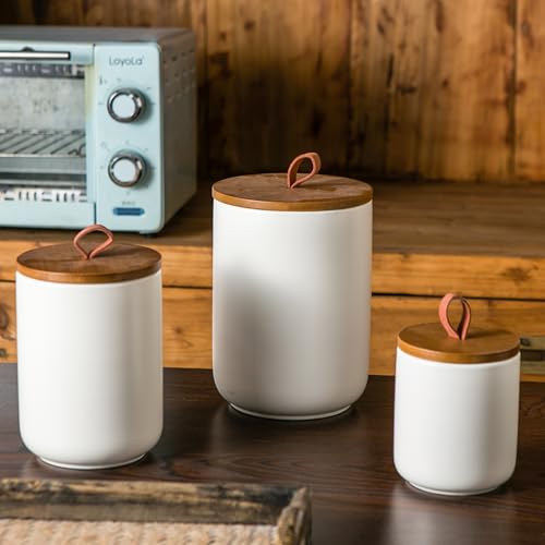 White Ceramic Canister with Bamboo Lid (3 Count)