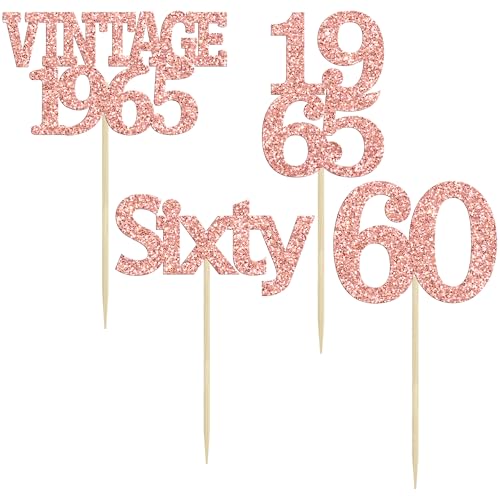 24Pcs 60th Birthday Cupcake Toppers Cheers to 60 Fabulous Sixty Cupcake Picks Vintage 1965 Decorations for 60th Birthday Wedding Anniversary Party Cake Decorations Supplies Rose Gold (24 Count)