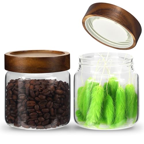16 oz Glass Jars with Acacia Wood Airtight Lids Spice Jar Herb Storage Canister with Wooden Lid Clear Glass Food Jar for Sugar Pantry Tea Coffee Bean Spice Cookies