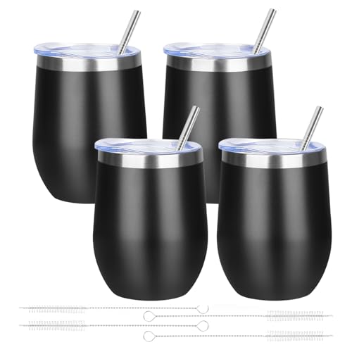 12oz 4 Pack Wine Tumbler Glasses with Lid Stemless Double Wall Vacuum Stainless Steel Travel Tumbler Keeping Cold & Hot for Wine