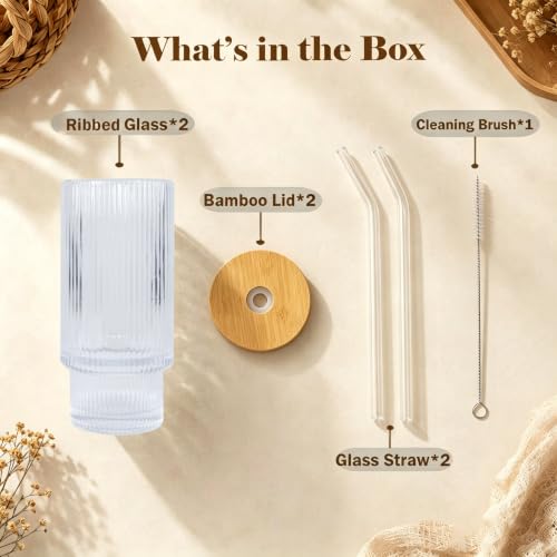 Ribbed Glass Cups with Lids and Straws 16oz Glass Tumbler with Straw (2 Count)