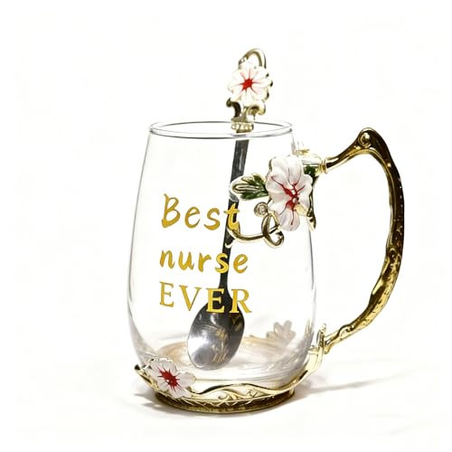 National Nurses Day Flower Glass Cup with Unique Flower Printing and Spoon