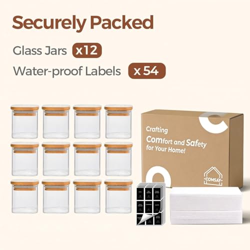 Glass Spice Jars with Labels 4 oz 12 Pack Small Square Bamboo Lids (12 Count)