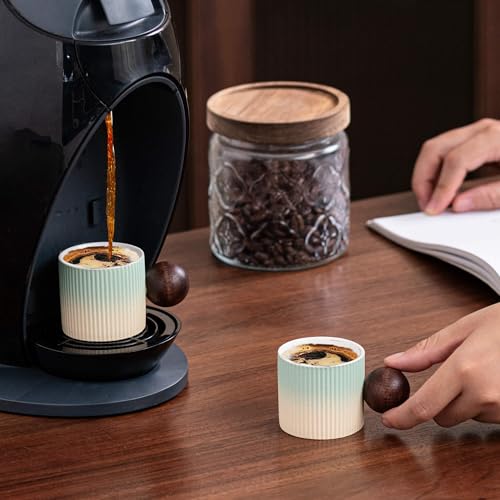 Ceramic Mini Espresso Cups Demitasse Cups with Round Wooden Handle Vertical Stripes Tea Cups (4 Count)