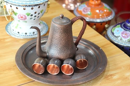Hand Forged Copper Swan Neck Teapot Set 6pcs Hammered Art Decor 1000ml