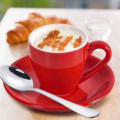 Porcelain Espresso Shot Cup Set with Saucers and Stainless Steel Spoons (4 Count)