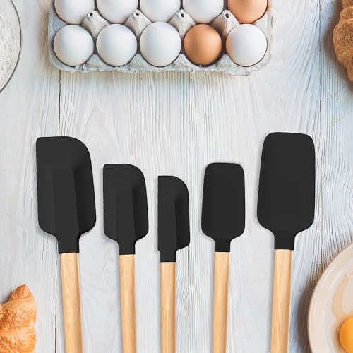 Wooden Handle Silicone Rubber Spatula Set 5 Piece for Kitchen Baking (5 Count)