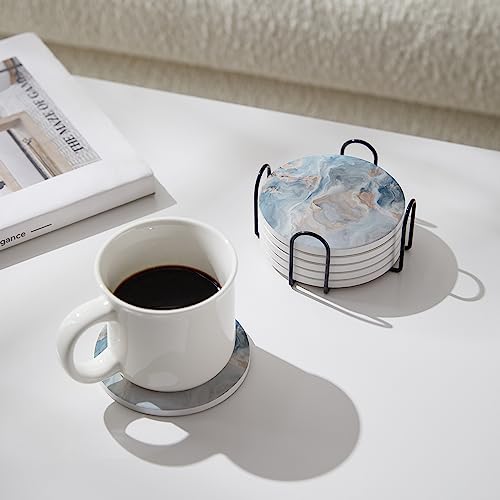 Set of 6 Abstract Blue Marble Coasters with Holder (6 Count)