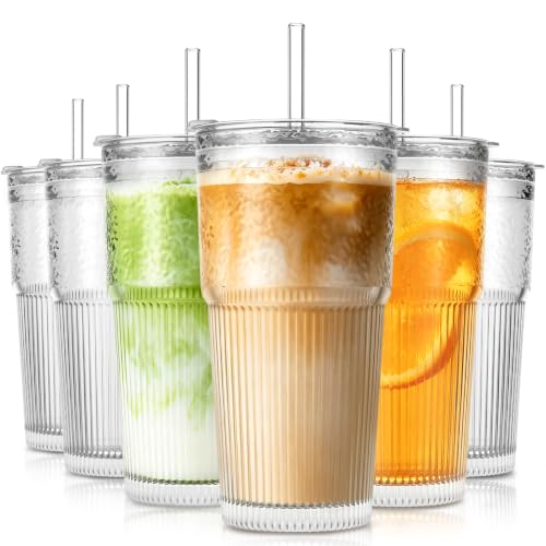 20oz Wave Ribbed Glass Tumbler with Lid and Straw