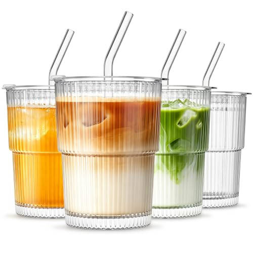 13oz Glass Tumbler with Lid and Straw 4 Pack