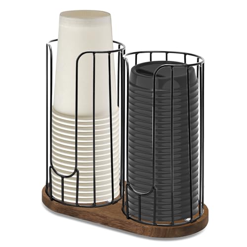 2 Compartment 18oz Coffee Cup Dispenser Rack with Wood Base