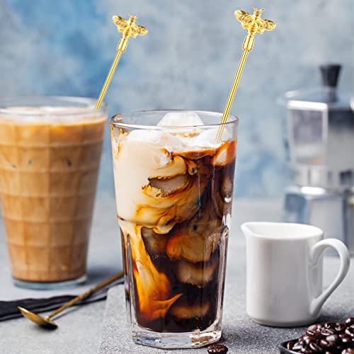 4Pcs Bumble Bee Cocktail Stirrers Swizzle Sticks Stainless Steel 7.5" Coffee Beverage Stir Sticks with Gold Decor Top for Mixing Cocktail