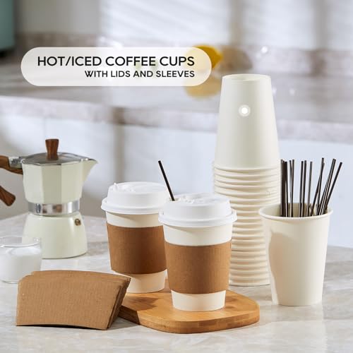 50 Pack 12 oz Disposable Paper Coffee Cups with Lids & Sleeves (50 Count)