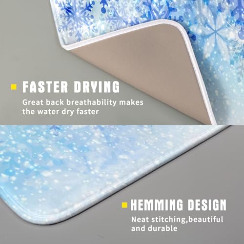 16"x18" Winter Blue Snowflakes Dish Drying Mat Christmas Snow Falling Nature Ice Dish Drainer Mats for Kitchen Microfiber Reversible Dish Drying Rack Pad for Countertop Tabletop Decor