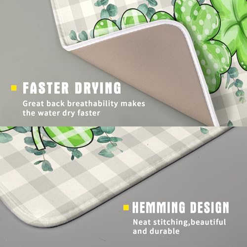 Patrick Dish Drying Mat for Kitchen Green Clovers Grey Buffalo Plaids Dish Drainer Mats 16x18inch Spring Leaf Dish Drying Rack Pad Protector for Countertop Dining Holiday Decor