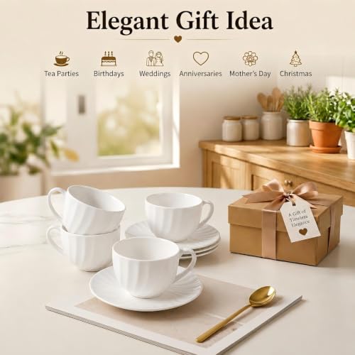 Fine Bone China Cappuccino Cups with Saucers Set of 4 (4 Count)