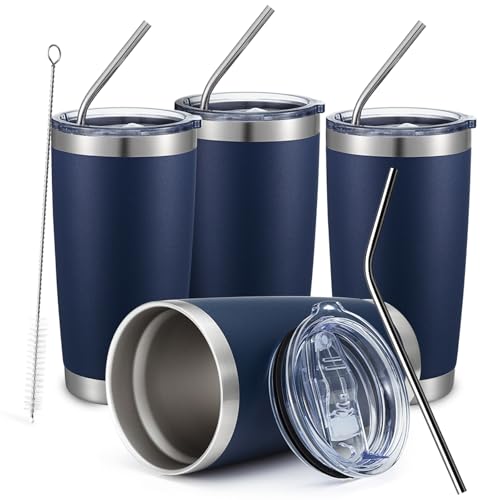 20oz Stainless Steel Navy Tumbler Bulk with Lid and Straw Insulated Coffee Tumbler Cup Double Wall Vacuum Travel Mug for Cold Drinks and Hot Beverage (10 Count)