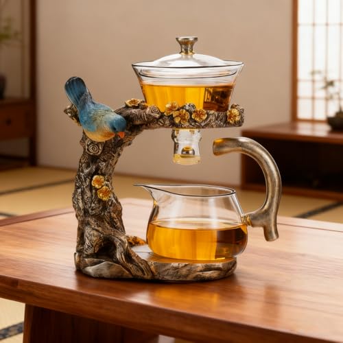 Lazy Kungfu Glass Tea Set Heat Resistant Semi Automatic Drip Rotating with Infuser Magnetic Teapot Set for Gongfu Tea Making Ideal