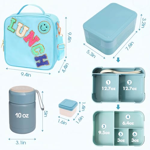 Lunch Box for Girl with 10oz Thermo 6 Compartment Bento Set Blue