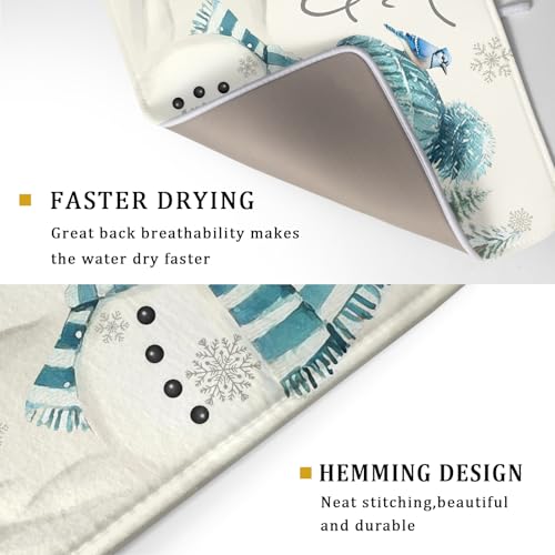 Blue Snowman Dish Drying Mat Xmas Trees Bird Winter Snowy Scene Dish Drainer Mats 18"x24" Microfiber Reversible Dish Drying Rack Pad Protector for Kitchen Countertop Decor