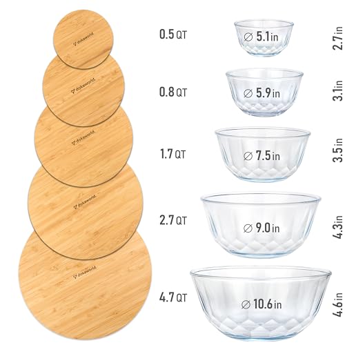 Large Stackable Glass Mixing Bowls with Bamboo Lids Set of 5