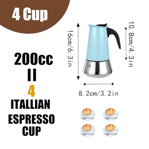 4 Cup Stovetop Espresso Maker Stainless Steel Moka Pot Stove Top Percolator Italian Coffee Makers Capable Mocha Greca Machine Cafe Classic Induction Cookers for Home and Camping 200ml 6.6oz