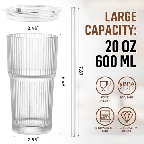 20 oz Glass Cups with Lid and Straw 2 Set (6 Count)