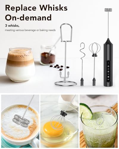 3-in-1 Electric Milk Frother with Stand, Rechargeable LED Display & 3 Speeds - Portable Whisk for Coffee, Protein Shakes, Baking - Makes Latte, Cappuccino, Matcha Foam -Blk (Rechargeable with stand)