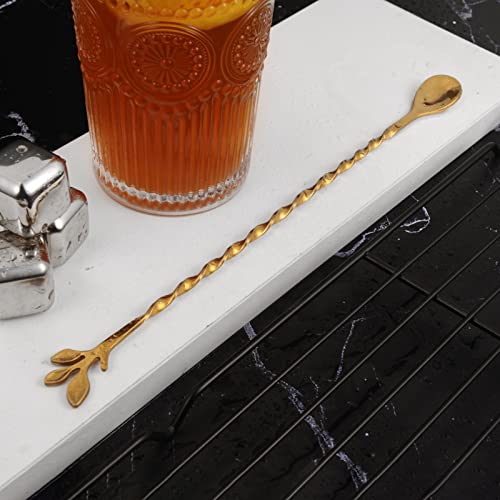 Gold 10 Inch Stainless Steel Cocktail Spoon with Leaf Handle