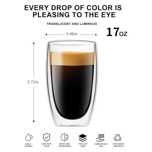 17oz Double Wall Glass Coffee Mugs Set of 4