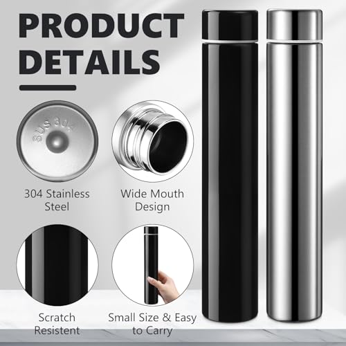 2 Pack Silver Black Slim Stainless Steel Water Bottle 8.8 oz (2 Count)