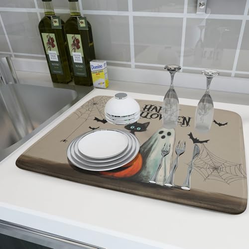 Happy Halloween Black Cat Ghost Dish Drying Mat for Kitchen Counter