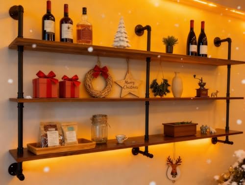 Industrial Pipe Wall Shelves Pipe Shelving with Real Wood Plank 70 Inches