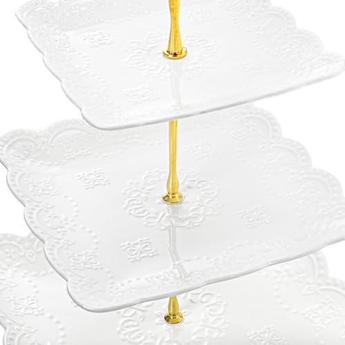 2 Pack 3 Tier White Ceramic Embossed Dessert Cake Tower Stand with Gold Carry Handle (2 Count)