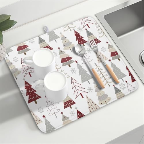 Christmas Tree Dish Drying Mat for Kitchen Counter Christmas Pine Tree Dish Drying Mat 16x18 Inch Geometric Winter Dish Draining Mat Absorbent Reversible Dish Pad Kitchen Accessories Table Protector
