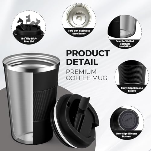 13 oz Stainless Steel Insulated Travel Coffee Mug with Fip Lid Bulk 4 Pack (4 Count)