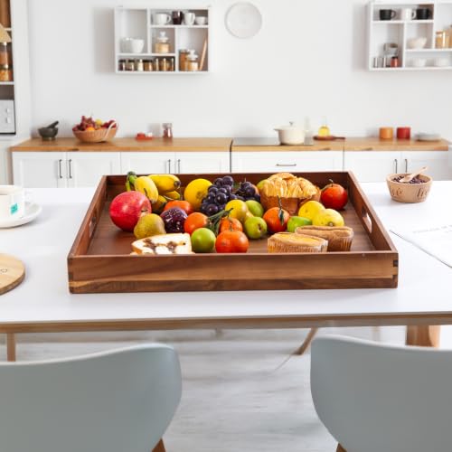 Large Wooden Serving Tray for Ottoman Wooden Ottoman Tray 20INCH Acacia Square Tray with Handles Wooden Coffee Table Tray Multi