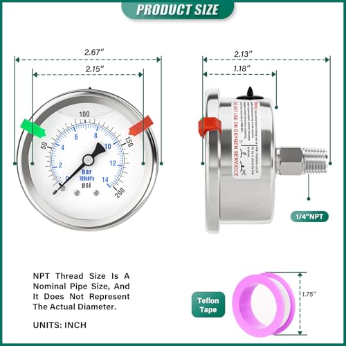 0 200PSI Stainless Steel Liquid Filled Pressure Gauge