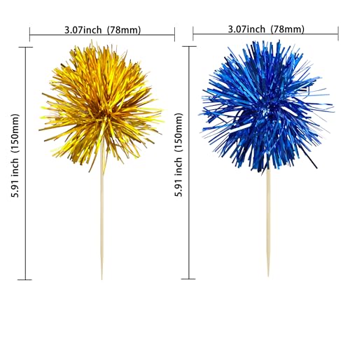 30Pcs Foil Firework Cupcake Toppers Sparkles Fireworks Sticks Birthday Decorations Sparkle Tinsel Cocktail Fruit Toothpick for Birthday Wedding Graduation Party Cake Decorations Dark Blue Gold (30 Count)