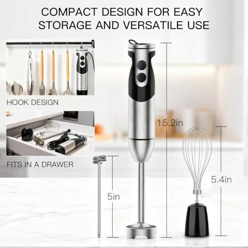 3-in-1 Immersion Hand Blender, Powerful MOTOR 12-Speed Stick Blender with Sturdy Titanium Plated Stainless Steel Blades