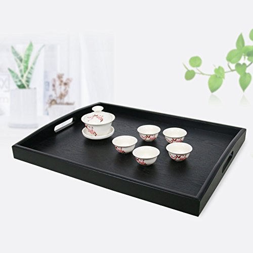 Serving Tray Large Black Wood Rectangle Food Tray Butler Tray Breakfast Tray with Handles