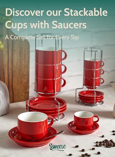 8 Ounce Porcelain Stackable Cappuccino Cups with Saucers and Metal Stand