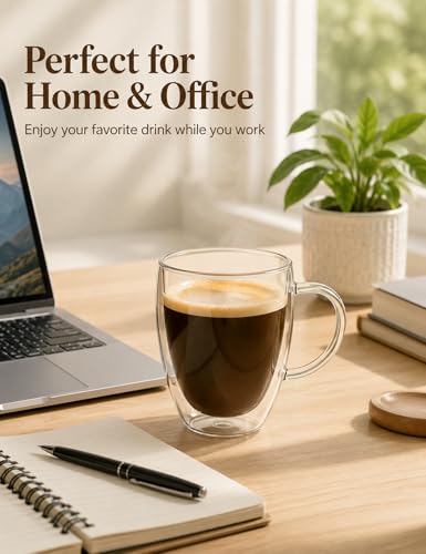 12oz Double Walled Glass Coffee Mugs with Handles (4 Count)