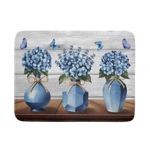 Blue Hydrangea Dish Drying Mat for Kitchen Vintage Wood Board Floral Butterfly Dish Drainer Mats 18x24inch Rustic Flowers Dish Drying Rack Pad Protector for Countertop Dining Decor